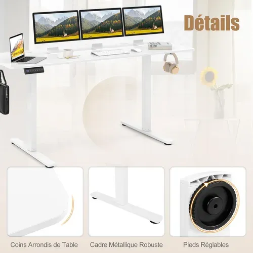 Bureau Assis Debout Electrique 60 X 160 Cm, 3 Hauteurs De Mémoire, Bureau Réglable En Hauteur, Blanc