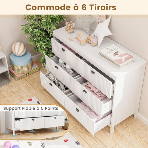 Commode 6 Tiroirs, Commode Blanche Bois Pour Chambre, Meuble De Rangement Chambre