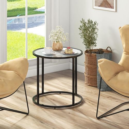 Table D’appoint Ronde En Verre Dia.50 Cm, Bout De Canapé Marbre, Cadre En Métal, Plateau En Verre