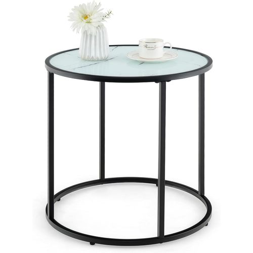 Table D’appoint Ronde En Verre Dia.50 Cm, Bout De Canapé Marbre, Cadre En Métal, Plateau En Verre
