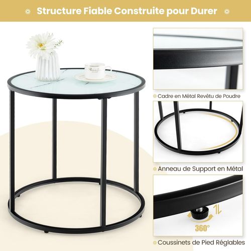 Table D’appoint Ronde En Verre Dia.50 Cm, Bout De Canapé Marbre, Cadre En Métal, Plateau En Verre
