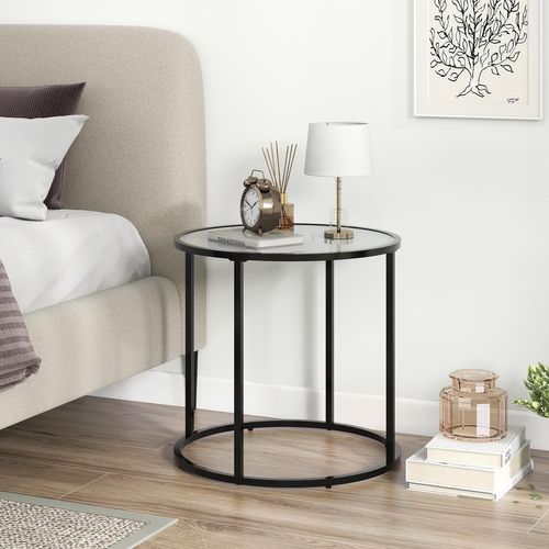 Table D’appoint Ronde En Verre Dia.50 Cm, Bout De Canapé Marbre, Cadre En Métal, Plateau En Verre