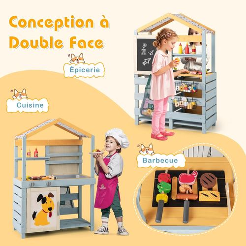 COSTWAY – Cuisine Extérieure Enfant En Bois Avec Tableau Noir Et Four – Évier, Robinet Et 5 Accessoires – Dès 3 Ans