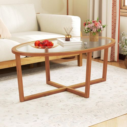 Table Basse En Verre Trempé, Table Basse Bois Ovale, Pieds Croisée En Bois D'acacia, Brun