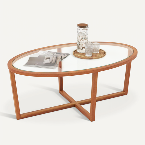 Table Basse En Verre Trempé, Table Basse Bois Ovale, Pieds Croisée En Bois D'acacia, Brun