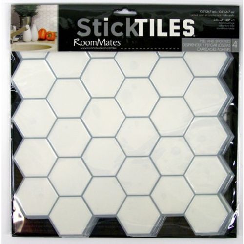 Sticker - Carrelage Mural Faïence Adhésive Motifs Hexagones Blancs - 4 Plaques 26x26cm - Stick Tile