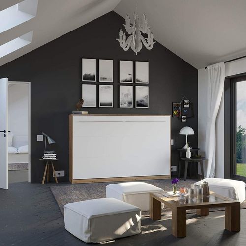 Armoire Lit Escamotable 120x200 Cm Supérieur Horizontal Mural Chêne Sauvage/blanc