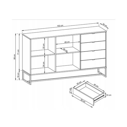 Commode 153cm Métal Chêne Artisanal Avec Tiroirs