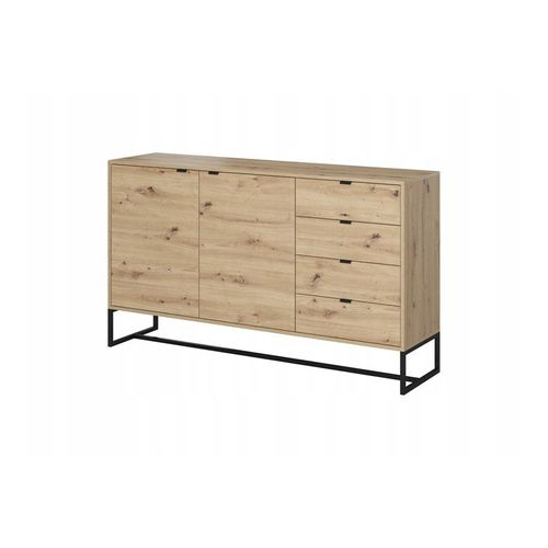 Commode 153cm Métal Chêne Artisanal Avec Tiroirs