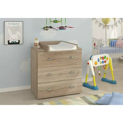 Commode à Langer Bébé Enfant Sonoma Table + Matelas à Langer Amovible 80x48x90 Cm- 3 Tiroirs Mia
