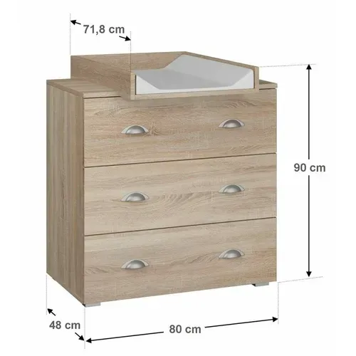 Commode à Langer Bébé Enfant Sonoma Table + Matelas à Langer Amovible 80x48x90 Cm- 3 Tiroirs Mia
