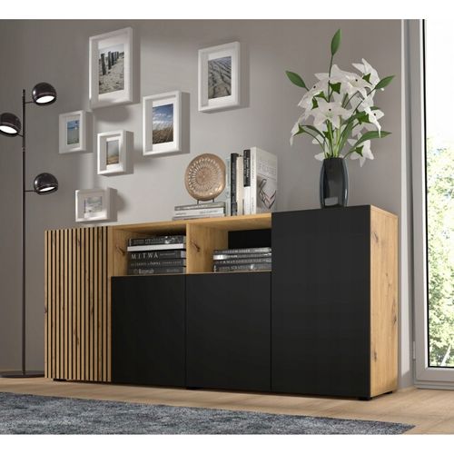 Buffet De Rangement Meuble Noir/chêne Artisanale 180x42x82cm Auris 4d C Sideboard