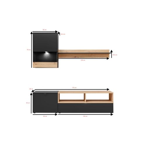 Ensemble Meuble TV Nano Noir Mat Et Bois Artisana 175 Cm