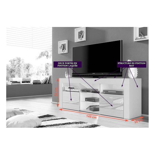 Meuble TV Jive Blanc à LED 145 Cm Avec 2 Portes Laquées