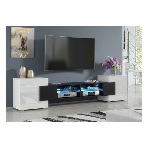 Meuble TV Pablo 230 Cm Avec LED Noir Mat Et Blanc Laqué