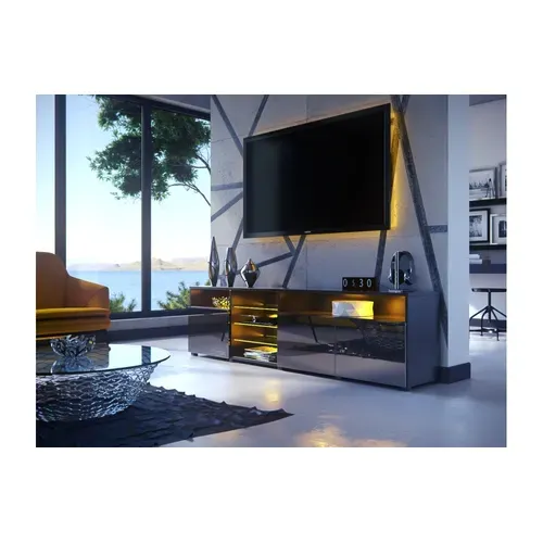 Meuble TV Massimo 200 Cm Noir Mat Et Portes Noir Laquées LED Rgb