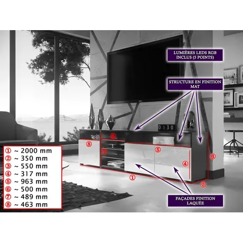 Meuble TV Massimo 200 Cm Noir Mat Et Portes Noir Laquées LED Rgb