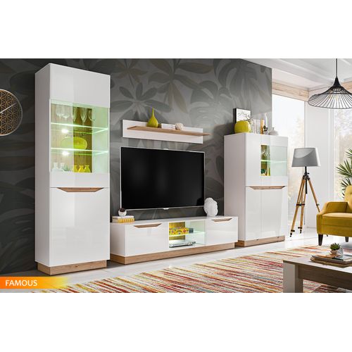 Ensemble Meuble Salon TV Famous Blanc / Bois Mat / Blanc Laque LED
