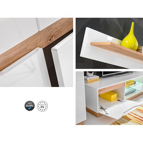 Ensemble Meuble Salon TV Famous Blanc / Bois Mat / Blanc Laque LED