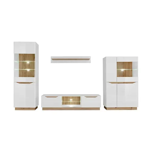 Ensemble Meuble Salon TV Famous Blanc / Bois Mat / Blanc Laque LED