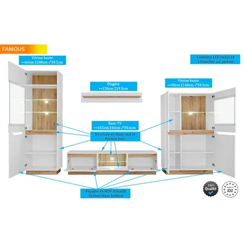 Ensemble Meuble Salon TV Famous Blanc / Bois Mat / Blanc Laque LED