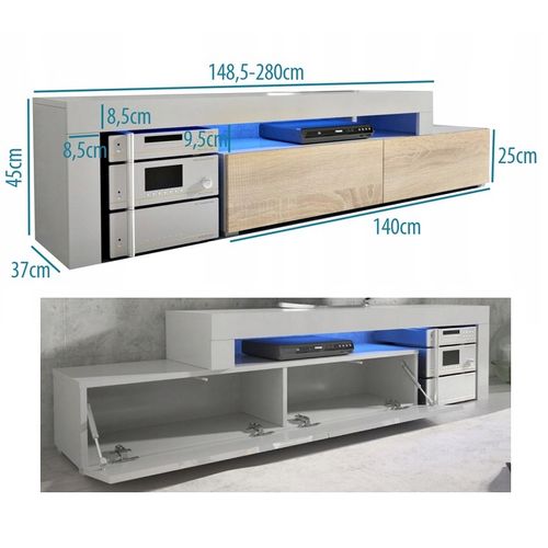 Meuble TV Flex Blanc M Et Noir Laqué - LED Inclus - Extensible - Angle