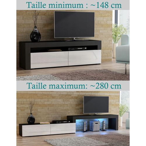 Meuble TV Flex Blanc M Et Noir Laqué - LED Inclus - Extensible - Angle