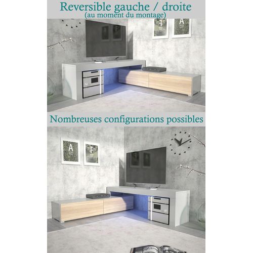 Meuble TV Flex Noir M Et Noir Laqué - LED Inclus - Extensible - Angle