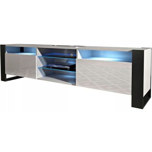 Meuble TV 200 Cm Lovy LED Blanc Mat Et Blanc Laque - Style Industriel