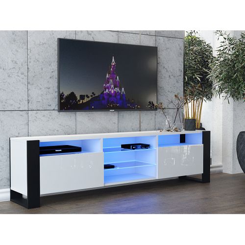 Meuble TV 200 Cm Lovy LED Blanc Mat Et Blanc Laque - Style Industriel