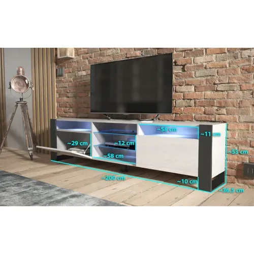 Meuble TV 200 Cm Lovy LED Blanc Mat Et Blanc Laque - Style Industriel