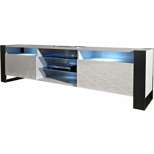 Meuble TV 200 Cm Lovy LED Blanc Mat Et Blanc Laque - Style Industriel