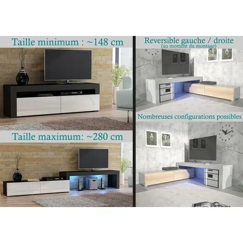 Meuble TV Flex Noir Et Bois - LED Inclus - Extensible - Angle - Industriel