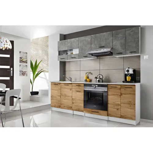 Cuisine Bigo 8 éléments - Finition Bas Bois Haut Beton 240 Cm