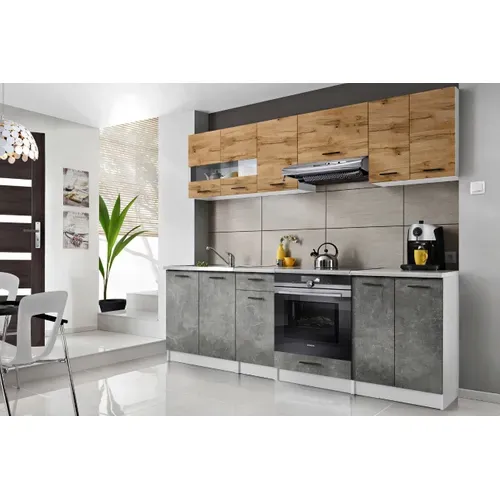 Cuisine Bigo 8 éléments - Finition Bas Beton Haut Bois 240 Cm