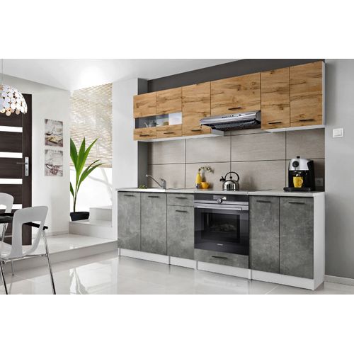 Cuisine Bigo 8 éléments - Finition Bas Beton Haut Bois 240 Cm