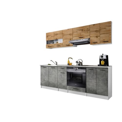 Cuisine Bigo 8 éléments - Finition Bas Beton Haut Bois 240 Cm