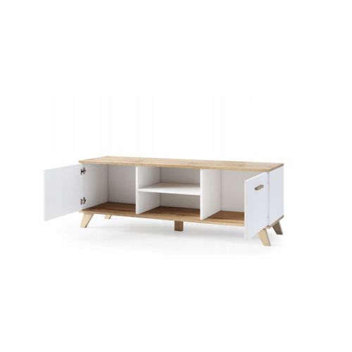Bergen Meuble TV Scandinave 150 Cm Sur Pieds Bois Et Blanc