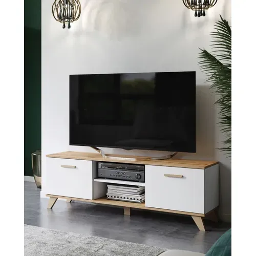 Bergen Meuble TV Scandinave 150 Cm Sur Pieds Bois Et Blanc