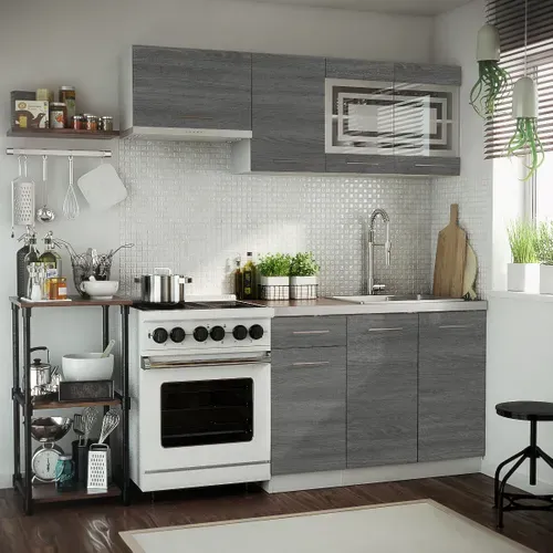 Cuisine Giovanna 5 éléments - Bois Grisé 1m80 - Portes Vitrées à Motif