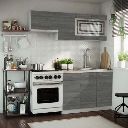 Cuisine Giovanna 5 éléments - Bois Grisé 1m80 - Portes Vitrées à Motif