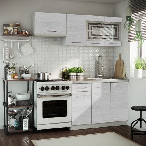 Cuisine Giovanna 5 Éléments - Bois Blanchi 1m80 - Portes Vitrées à Motif