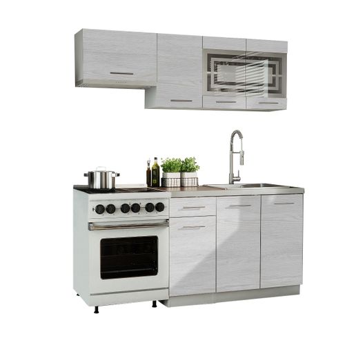 Cuisine Giovanna 5 Éléments - Bois Blanchi 1m80 - Portes Vitrées à Motif