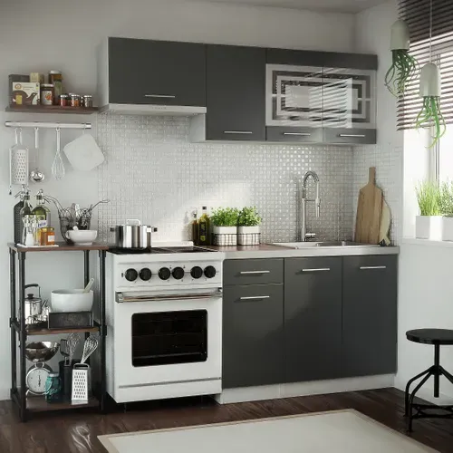 Cuisine Giovanna 5 éléments - Graphite Mat 1m80 - Portes Vitrées à Motif