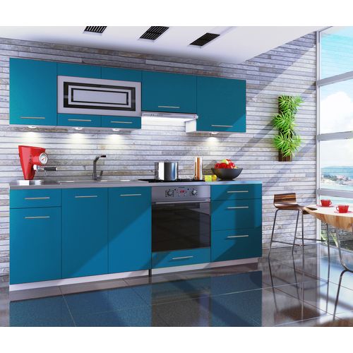 Cuisine Giovanna 8 Éléments - Turquoise Mat 2m40 Casserolier Four Encastrable