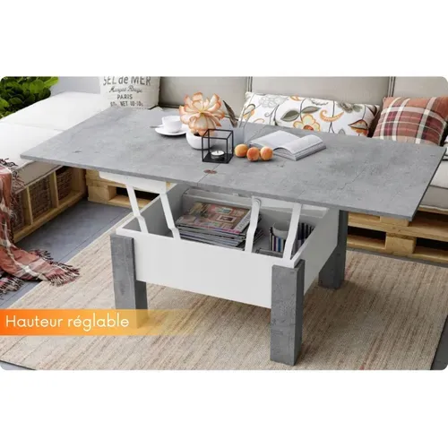 Table Basse Goose Relevable Et Extensible De 80 Cm à 160 Cm En Beton Et Blanc