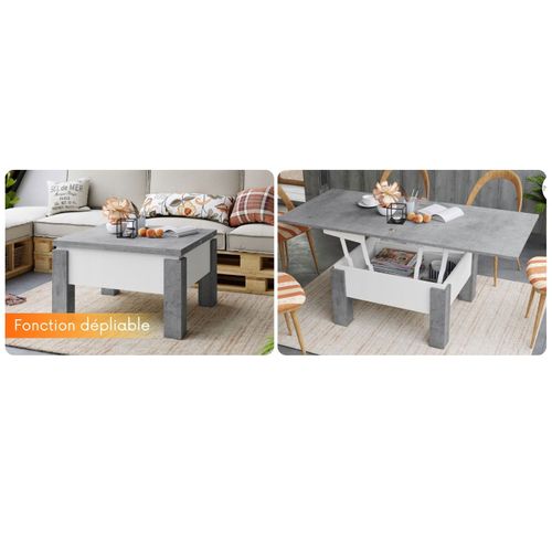 Table Basse Goose Relevable Et Extensible De 80 Cm à 160 Cm En Beton Et Blanc