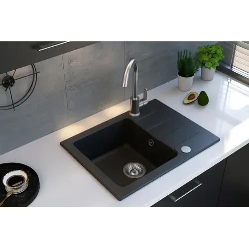 Evier Rectangulaire Rive Noir En Granit Premium - 1 Bac Avec égouttoir Et Vidage Inclus