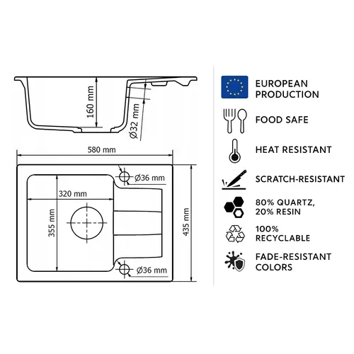 Evier Rectangulaire Rive Noir En Granit Premium - 1 Bac Avec égouttoir Et Vidage Inclus