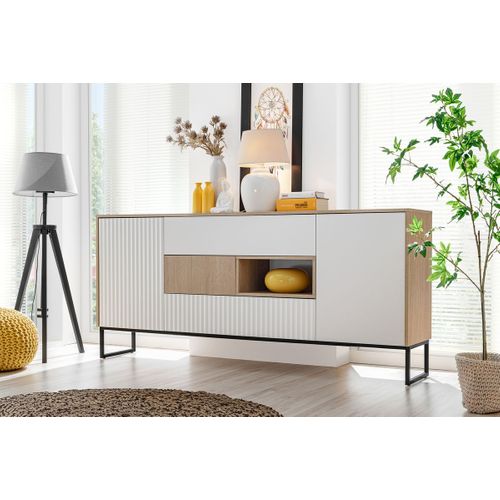 Grand Buffet Scandinave Noe 197 Cm - Sans Poignées - Bois Et Pieds Noir Metal